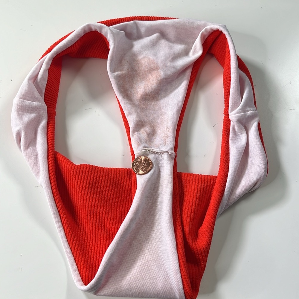Orange ribbed one shoulder cheeky bikini swimsuit M | euro summer asymmetrical - Picture 6 of 7